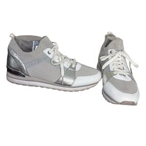 Michael Kors Billie Silver Knit Sock Sneakers Metallic Accent Lace Up Size 10M‎